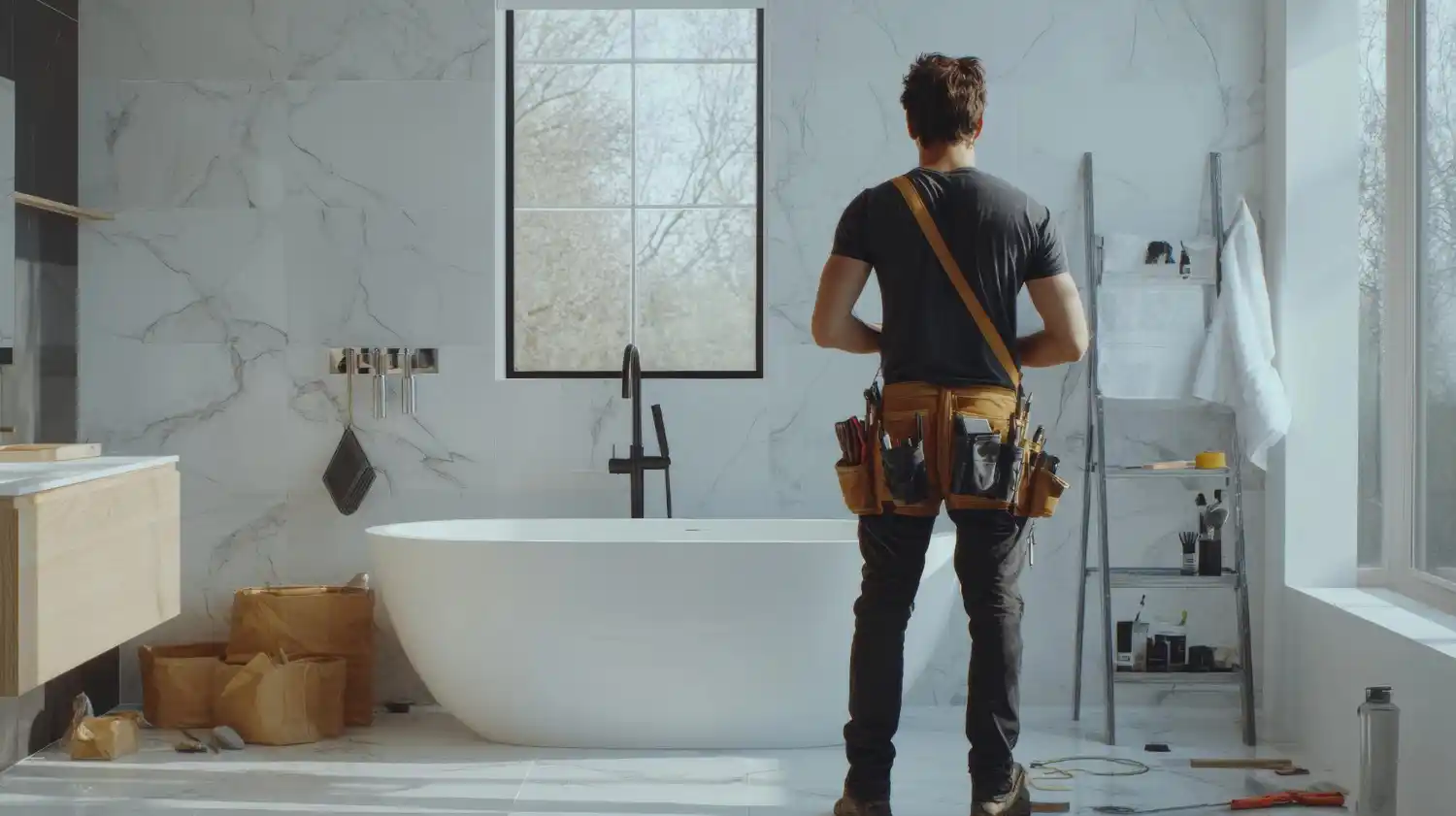 Bathroom remodeling experts discussing renovation plans with homeowners