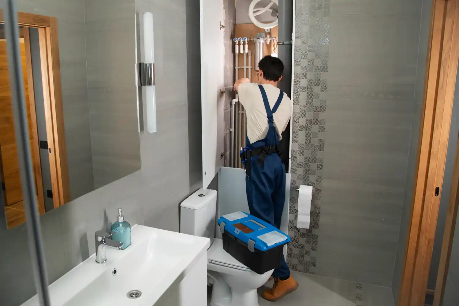 Installation of modern bathroom vanity, sink, and premium fixtures