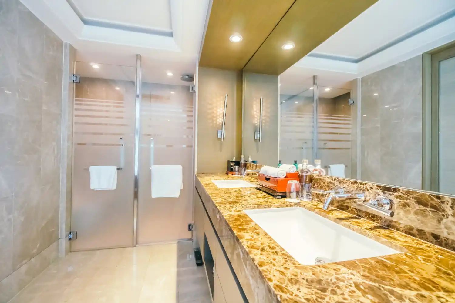 Luxury bathroom interior with marble design and modern fixtures